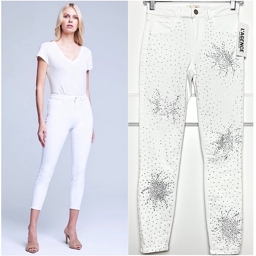NWT L’AGENCE Crystal Rhinestone Studded High Rise Cropped Margot Skinny Jeans 25